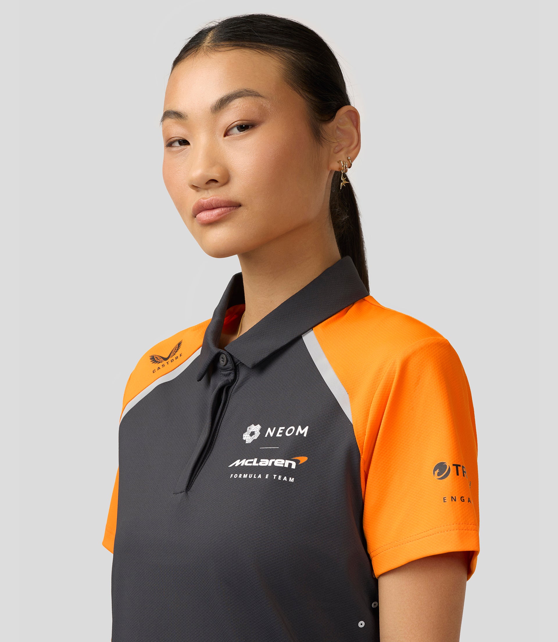 Official Womens McLaren Formula E Team Polo Shirt - Phantom/Papaya